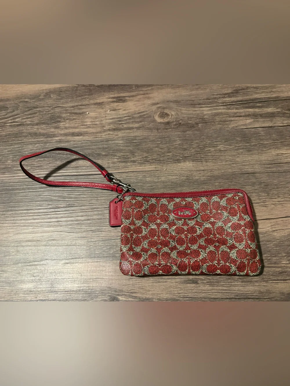 Coach Red Signature Canvas Wristlet with Leather Trim